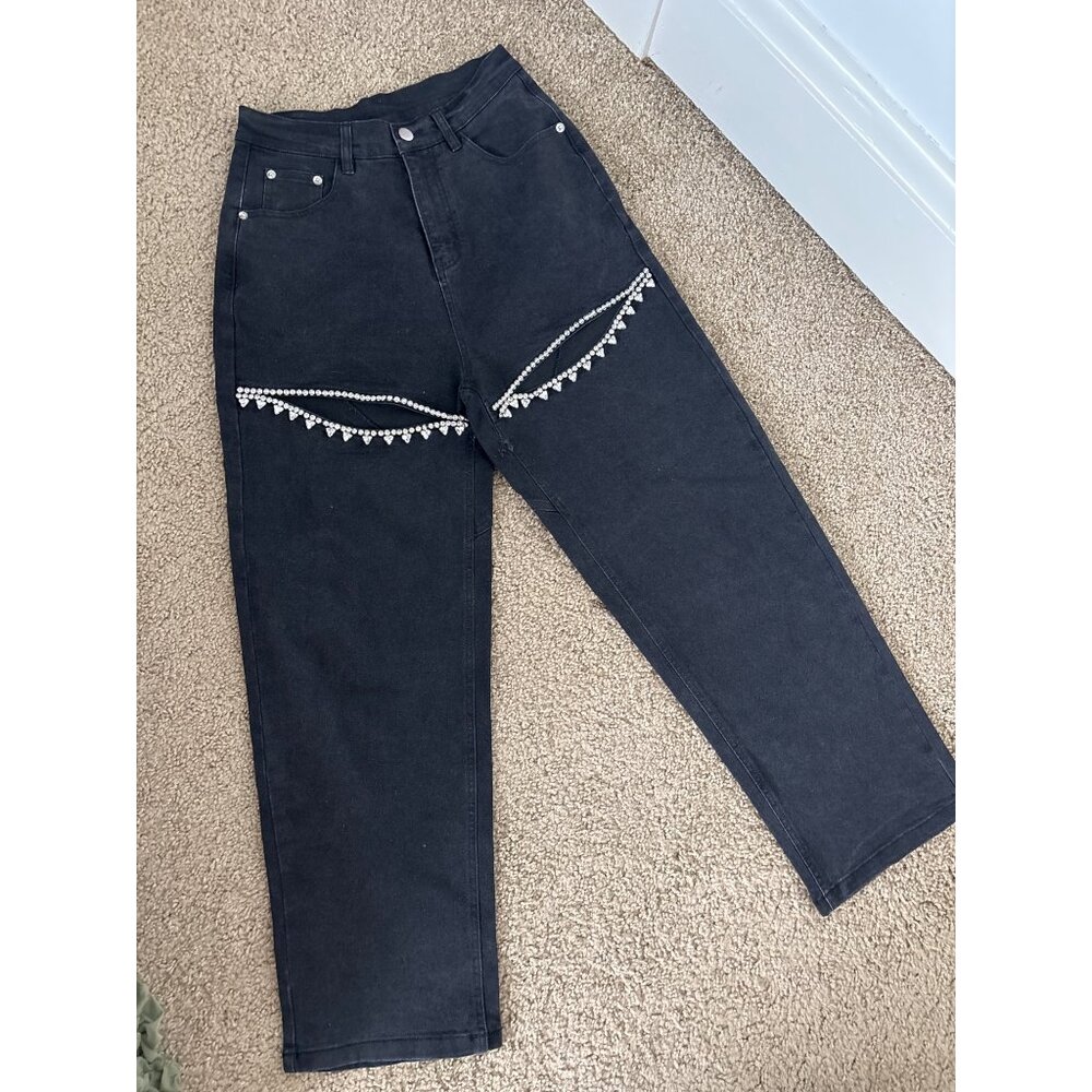 Amazon Black High-Waisted Jeans With Rhinestone Fringe Thigh Slit, new w tags - Picture 2 of 5